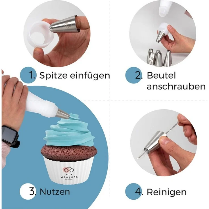 Wenburg Spritzbeutel Set - 7 Große Spritzbeutel, Professionelle Edelstahl-Aufsätze für Kuchen, Torten, Cupcake-Dekoration (Set Premium Plus) - Teigspritze Backzubehör Set - Spritzbeutel mit Zubehör – Bild 4