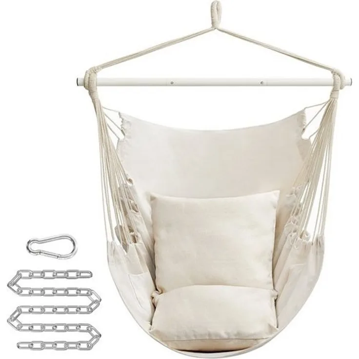 Songmics Hängesessel, Hängeschaukel, Hängestuhl mit 2 Kissen, Metallkette, bis 150 kg belastbar, Indoor und Outdoor, Wohnzimmer, Schlafzimmer, cremeweiß GDC197M01
