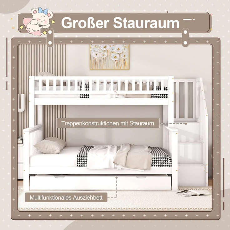 Etagenbett 90x200/140x200 cm Kinderbett mit ausziehbarem Rollbett,Hochbett mit Ablagefächern, Treppe und Geländer,weiß – Bild 6