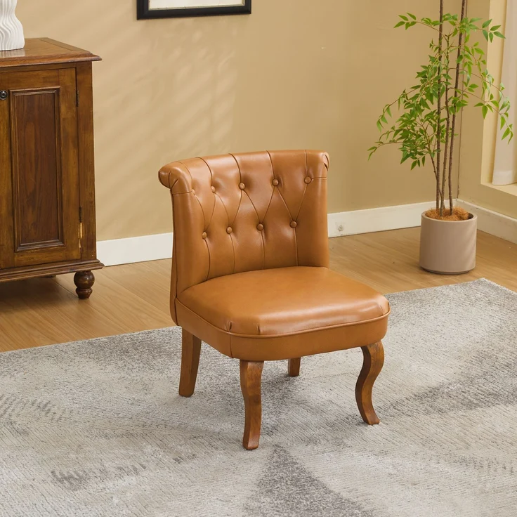 Echtleder Sessel,Loungesessel Wohnzimmer,Kautschukholz Massivholz,Einzelstuhl,Pull-Point Knöpfe, Esszimmerstuhl,bis 150 kg,Hellbraun – Bild 5