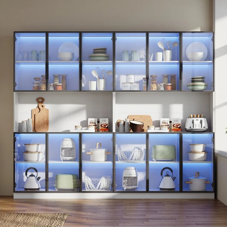 OKWISH Vitrine Regal 240x200x34 cm mit LED-Beleuchtung & 12 Glastüren – weiß (Packung, 2-St, Elegante Aufbewahrungslösung mit Soft-Close Scharnieren) Perfekt für Ihre wertvollen Stücke. – Bild 3