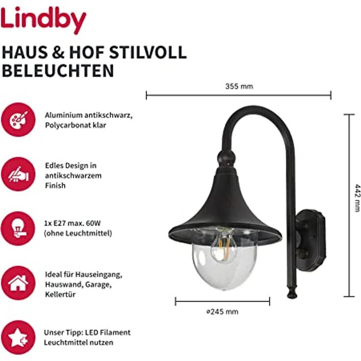Lindby Wandlampe IP44, Außenwandleuchte mit Antik-Stil, rostbraun, E27 Fassung für max. 60W, 44,2 x 24,5 x 35,5 cm – Bild 2