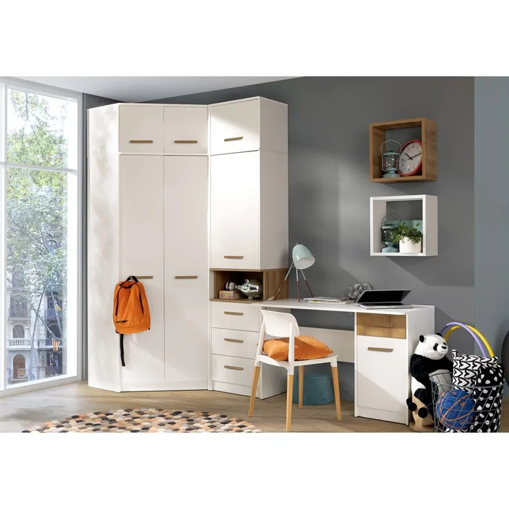 Marmex Möbel Grant Set-11N Jugendzimmer Komplett-Set 7-teilig mit Eckkleiderschrank, Kinderzimmermöbel mit Schreibtisch, laminierte Spanplatte, weiß+riviera Eiche