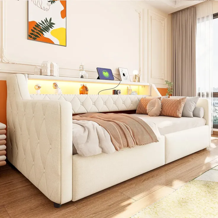 Schlafsofa mit LED-Beleuchtung und Aufbewahrung, Polsterbett mit Lattenrost, 90x200 cm, Einzelbett, Jugendbett, Leinen – Bild 3