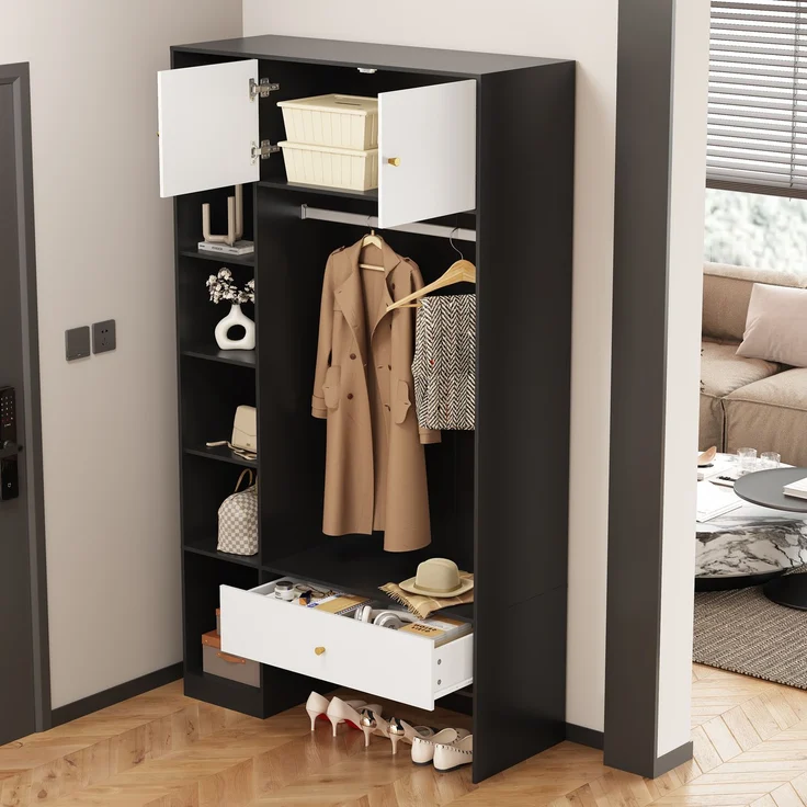 Merax Kompakte Flurgarderobe in Schwarz+Weiß Garderobenset mit 2 Türen, 6 Fächern, Kleiderstange & Schublade – Bild 5