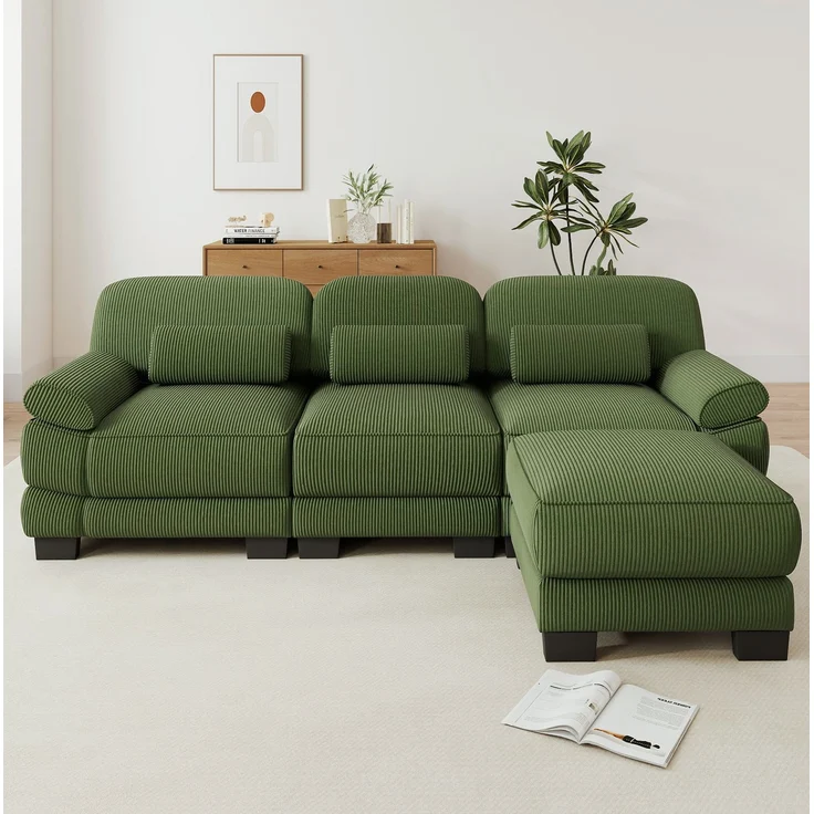 Modulsofa 265x161x94 cm in Grün mit Cordbezug, Hocker und flexibel kombinierbaren Elementen – Bild 2