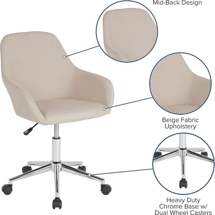 Flash Furniture Cortana Home Bürostuhl, mittelhohe Rückenlehne, Schaumstoff, Metall, Kunststoff, Beiger Stoff, 1 Stück – Bild 5