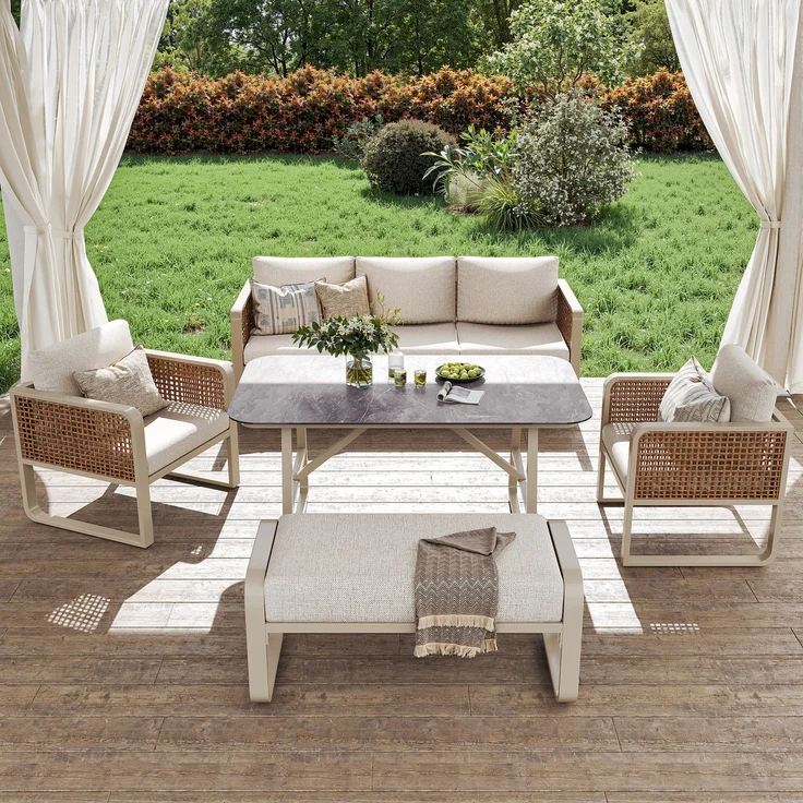 Merax Gartenlounge-Set für 6-7 Personen, PE-Rattan Sitzgruppe inkl. Beistelltisch, Gartensofa mit waschbaren Kissen, Beige – Bild 2