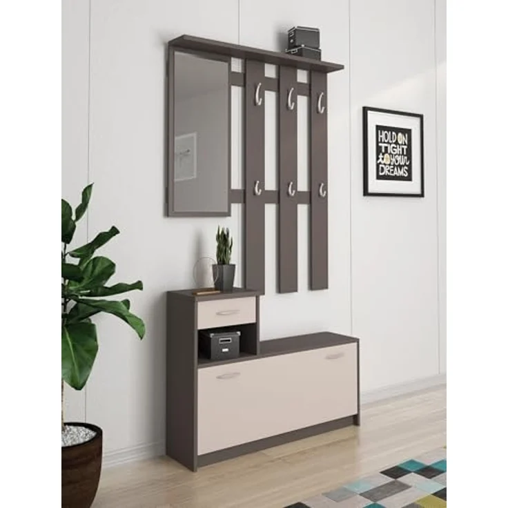Dmora - Eingangsmöbel Sargassi, Moderner Eingang, Wandgarderobe, Multifunktions-Aufbewahrungskonsole, 100x26h190 cm, Anthrazit und Weiß – Bild 6