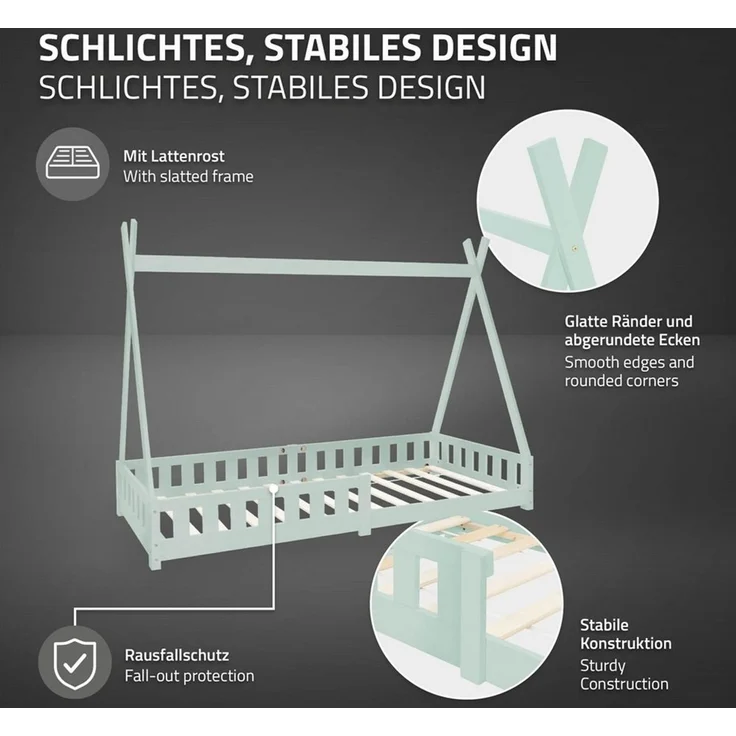 ML-DESIGN Spielbett Hausbett Tipi Zeltbett inkl. Lattenrost Bodenbett Kinder Himmelbett, Abenteuerbett mit Rausfallschutz Zelt Bett Kiefer Mint Kinderhaus – Bild 3