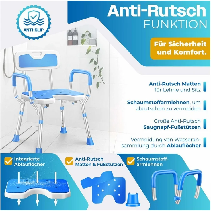 KESSER® Duschhocker mit Lehne höhenverstellbar in 6 Stufen 38-54cm | Badhocker 150KG belastbar Duschstuhl Anti-Rutsch Füße & Matten | Duschhilfe Senioren & Schwangere Duschsitz mit Brausehalterung Weiß / Blau – Bild 2