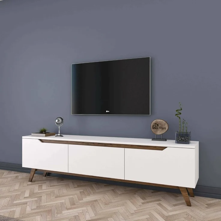 Dmora - Fernsehschrank COR, Ständer für Wohnzimmerfernseher, Niedriges Wohnzimmer-Sideboard, TV-Ständerbasis, 180x35h49 cm, Weiß und Walnuss – Bild 1