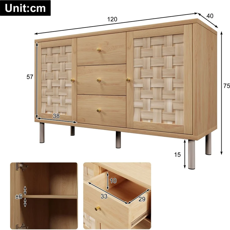 Merax Sideboard, Landhaus-Kommode 120x40x75 cm, eichefarben, mit 2 Türen, 3 Schubladen, höhenverstellbare Einlegeböden, Metallbeine, Kippsicherung – Bild 4