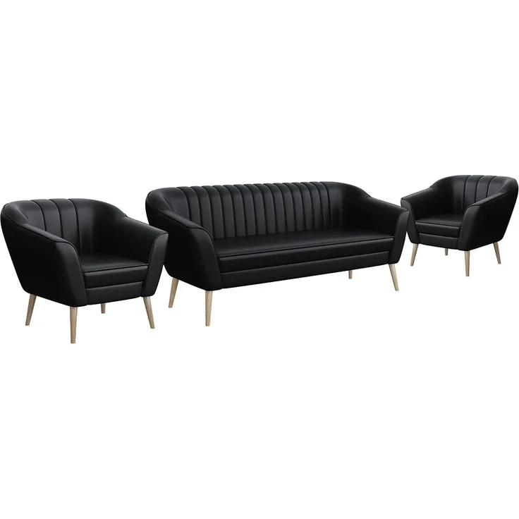 MEBLINI Sofa-Set KAIA 3+1+1 - Schwarz Kunstleder - für Wohnzimmer - Mini Lounge für fünf Personen - Küchensofa - Sofa Klein - Sitzgarnitur - Polstergarnitur - Sofagarnituren