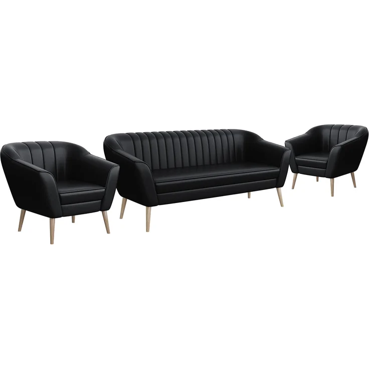 MEBLINI Sofa-Set KAIA 3+1+1 - Schwarz Kunstleder - für Wohnzimmer - Mini Lounge für fünf Personen - Küchensofa - Sofa Klein - Sitzgarnitur - Polstergarnitur - Sofagarnituren – Bild 1