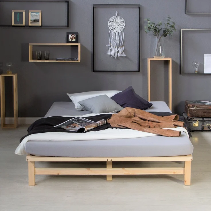 Holzbett 140x200 mit Matratze Holzbettrahmen Palettenbett Doppelbett Bett Massiv Holz Bettgestell – Bild 2