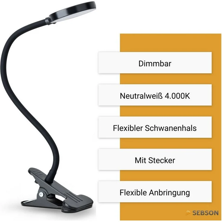 SEBSON LED Steckdosenleuchte LED Klemmlampe Bett 4W - Stecker, dimmbar, neutralweiß, Tischlampe, LED integriert, neutralweiß, Neutralweiß 4000K, 300lm, 4W, Dimmbar in 3 Stufen, inkl. Netzteil – Bild 1