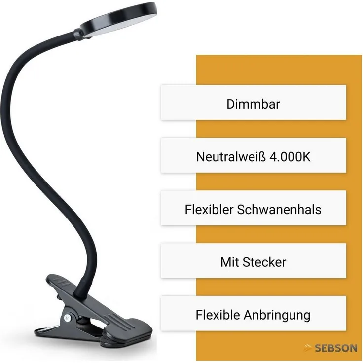 SEBSON LED Steckdosenleuchte LED Klemmlampe Bett 4W - Stecker, dimmbar, neutralweiß, Tischlampe, LED integriert, neutralweiß, Neutralweiß 4000K, 300lm, 4W, Dimmbar in 3 Stufen, inkl. Netzteil