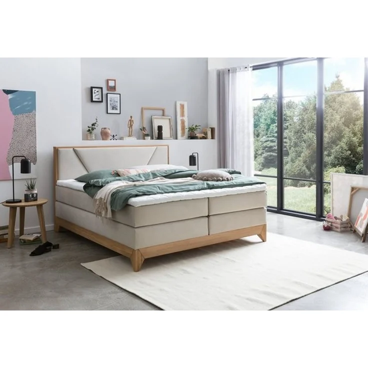 Belanoti Boxspringbett Riviera (Boxspringbett 180x200 Eiche 7-Zonen Taschenfederkern Matratze inkl, Visco Topper Bett 180x200 in der Farbe Beige H2/H3 Polsterbett), Hotelbett mit Massivholz Eiche Massivholzbett – Bild 4