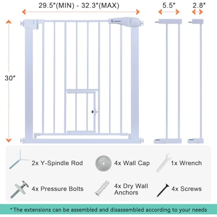 COMOMY Türschutzgitter mit Katzenklappe, 75-103cm Treppenschutzgitter ohne Bohren für Hunde und Katzen, Autoclose, Erweiterbar Türgitter Absperrgitter mit 7cm und 14cm Verlängerungen, Weiß – Bild 8