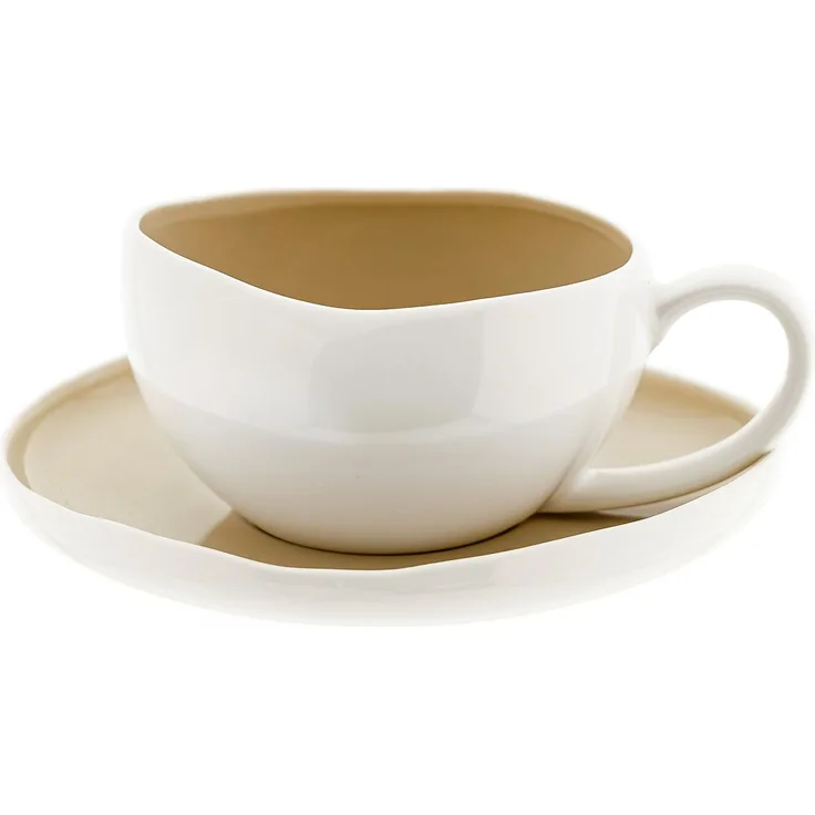 Wave Cream Kaffeetassen mit Untertellern - 12-teiliges-Set in Weiß-Beige, 215 ml