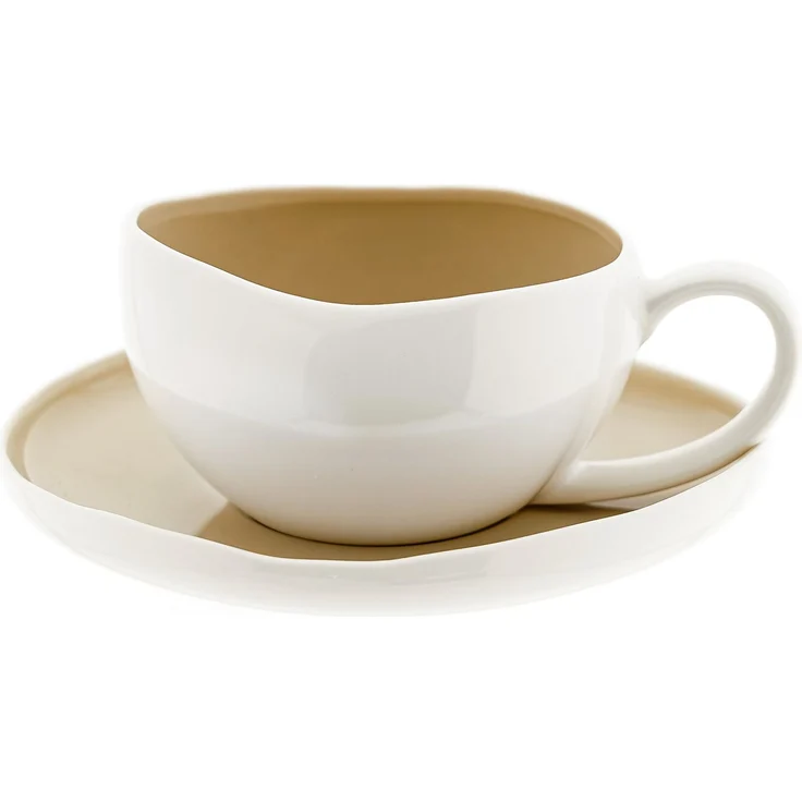 Wave Cream Kaffeetassen mit Untertellern - 12-teiliges-Set in Weiß-Beige, 215 ml – Bild 1