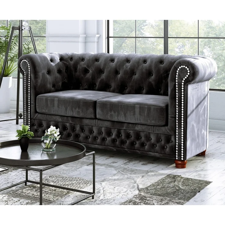 S-Style Möbel Chesterfield-Sofa Leeds 2-Sitzer aus Samt-Stoff mit Holzfüßen, mit Wellenfederung – Bild 2