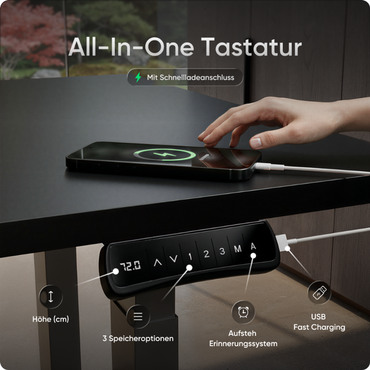 DESKSPACE Höhenverstellbarer Schreibtisch elektrisch mit leisem Dual-Motor – stabiles 4-Bein-Gestell (Grau Gestell, Schwarz Tischplatte, 120×60 cm) – Bild 7