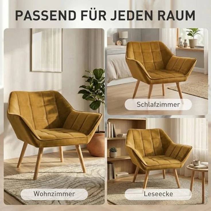 HOMCOM Relaxsessel Polstersessel mit Samtoptik, skandinavisch (Esszimmerstuhl, 1-St, Stuhl), für Wohnzimmer, Schlafzimmer, Gelb – Bild 8