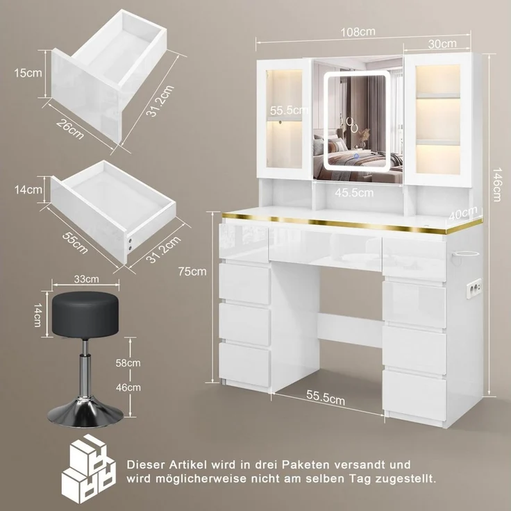 HOMALL Schminktisch LED-Schminktisch mit Spiegel, 108 cm breit, Hocker-Set optional (Gesamtmaße: 108 × 40 × 146 cm, mit 9 Schubladen, 3 offenen Ablagefächern, 2 Vitrinen mit LED-Beleuchtung, Spiegelschrank mit Stauraum, Steckdose, Föhnhalter, Schminkti... – Bild 2