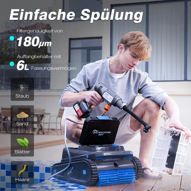 EVERCROSS BOT U8 Poolroboter Wand und Boden, Intelligenter Navigation, 120 Min Akkulaufzeit, Kabellos Poolsauger bis 200m² Pools (Schwarz) – Bild 6