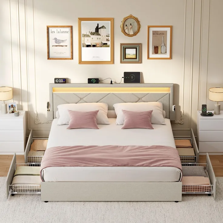 VASAGLE Doppelbettgestell, Bettgestell, 140x200 cm, LED, Metallbett, 4 Schubladen, Ladestation, verstellbares gepolstertes Kopfteil, cappuccinobeige RMB827LH01