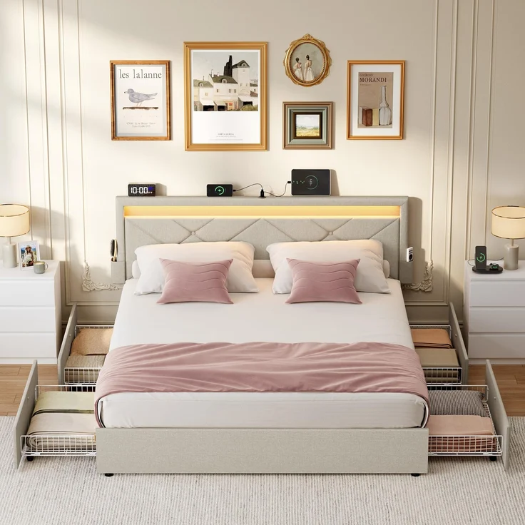 VASAGLE Doppelbettgestell, Bettgestell, 140x200 cm, LED, Metallbett, 4 Schubladen, Ladestation, verstellbares gepolstertes Kopfteil, cappuccinobeige RMB827LH01