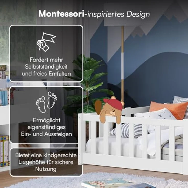 Bellabino Vere Bodenbett 120x200 cm – Montessori Kinderbett mit Rausfallschutz & Lattenrost, Massives Boden Bett für Jungen & Mädchen aus Holz Kiefer – Kleinkindbett in Weiß – Bild 5