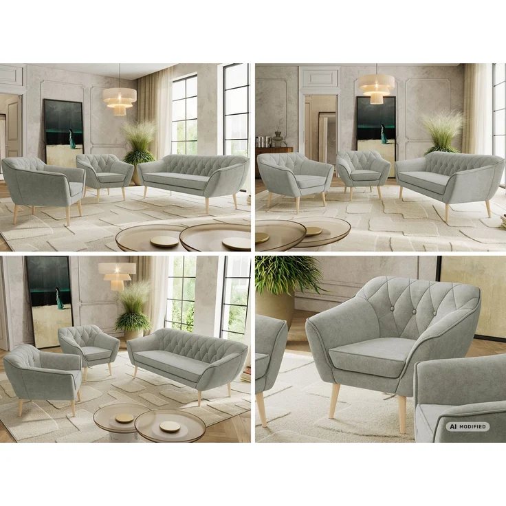 Wohnzimmerset PIRS 1-1-3, Skandinavisches 3-Sitzer Sofa mit Sesseln, Sofa mit Wellenfederung, Buche Füße, Skandinavisches Möbelset - Hellgrau Stukture – Bild 2