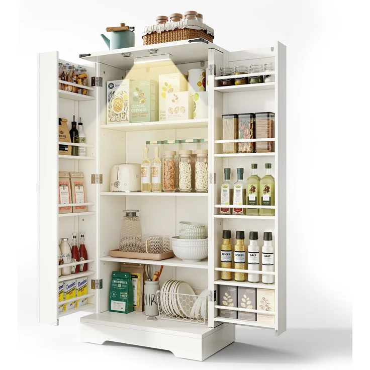 EINHOM 128, 5 cm großer Küchenschrank, Bauernhaus-Aufbewahrungsschrank – LED-Speiseschrank mit 2 Flügeltüren und verstellbaren Regalen für kleine Räume im Esszimmer oder Wohnzimmer, Weiße Tiefdruckstruktur – Bild 1