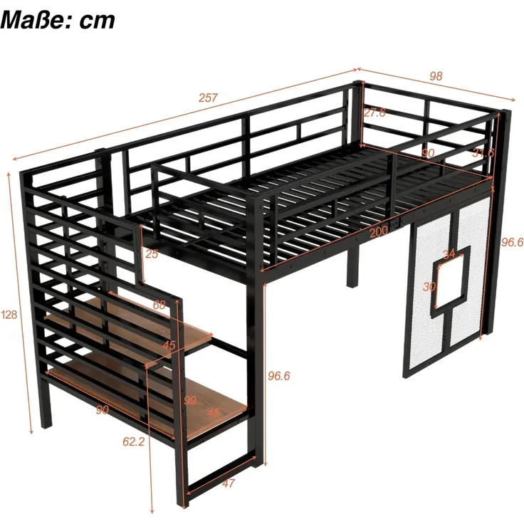Hochbett mit LED-Streifen, Lattenrost, Rausfallschutz und Fenstern, Treppe mit Regal, 90x200 cm, Einzelbett, Kinderbett, Metall – Bild 5