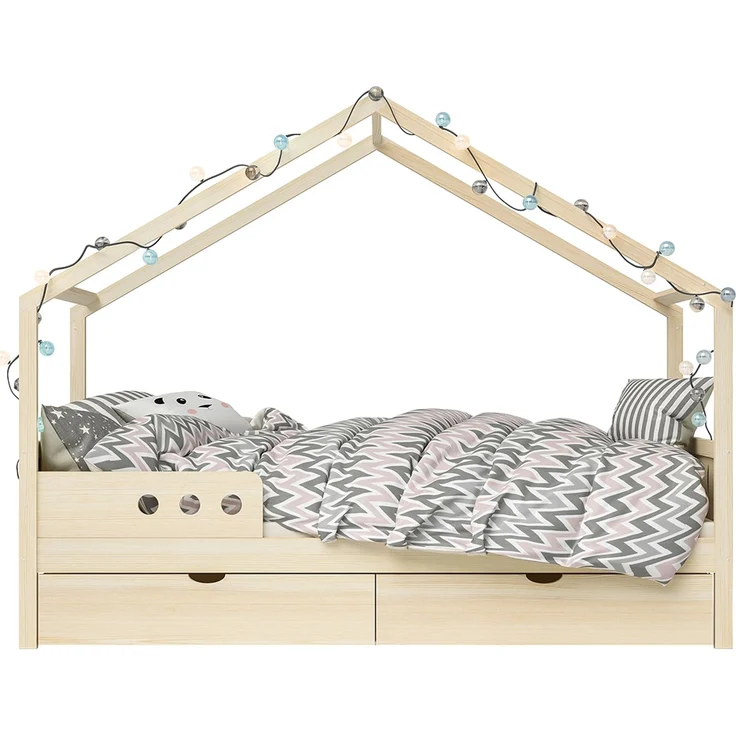 Bellabino 'Bela' Hausbett 90x200 cm mit großer Schublade, natur, Kiefer Massivholz, Montessori Kinderbett mit Stauraum, inkl. Rausfallschutz und Lattenrost – Bild 11