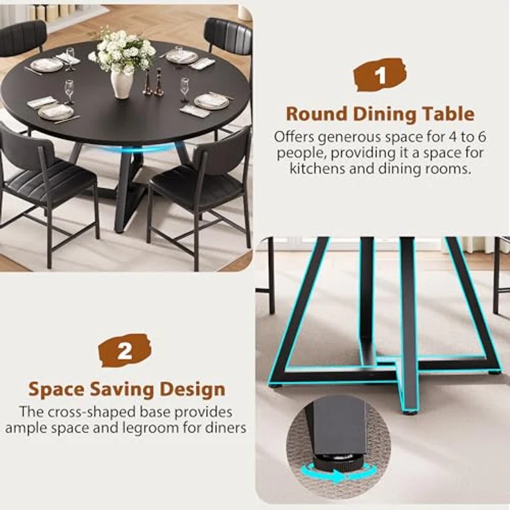 Esstisch Runder und 4 Esszimmerstühle Set, Essgruppe 5-Teilig, Küchentisch mit stabilem Metallgestell und 4 stühle, platzsparender Esszimmertisch aus Holz im Industrial Design (Schwarz, 107cm) – Bild 3