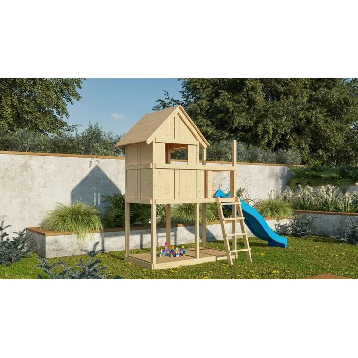 Karibu Kinderspielhaus Frieda Set Aktion2 naturbelassen mit Anbau und Rutsche blau – Bild 2