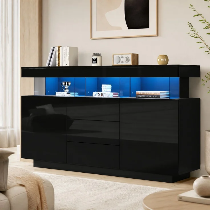 DESVIAE Sideboard mit LED-Beleuchtung und 3 Schubladen 140x80x35 cm Spanplatte/Acryl Schwarz – Bild 2