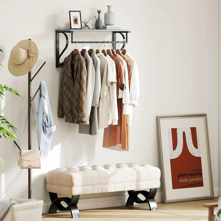 HOMCOM Garderobenleiste mit Ablage, 5 Haken und Stange (Wandgarderobe, 1 St, Wandregal), für Flur, Wohnzimmer, Schlafzimmer, Badezimmer Grau – Bild 8