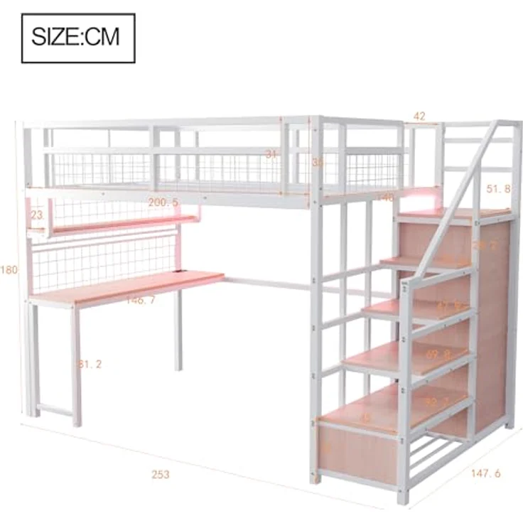 Ball & Cast Loft Bed (140x200 cm) mit Aufbewahrungsleiter und Einfachem Kleiderschrank, Metal Hochbett mit Tisch + Netzregal, Stabil & Rauschlos, Weiß – Bild 2