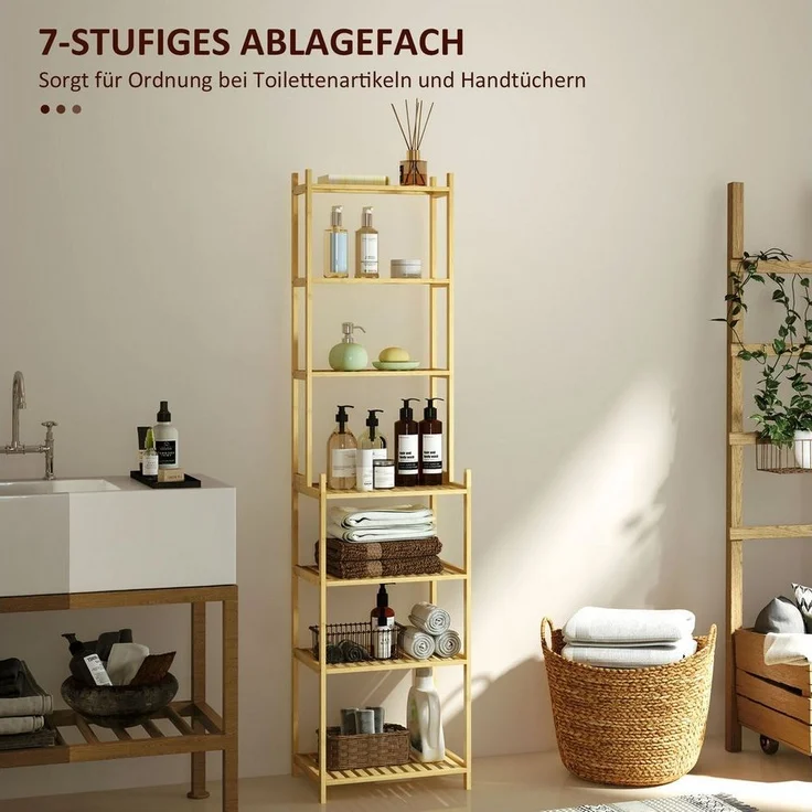 HOMCOM Badregal Badezimmerregal mit 7 Ebenen, Standregal, Aufbewahrungsregal aus Bambus 1-tlg, für Wohnzimmer, Badezimmer, Natur, 44 x 33 x 180 cm – Bild 3
