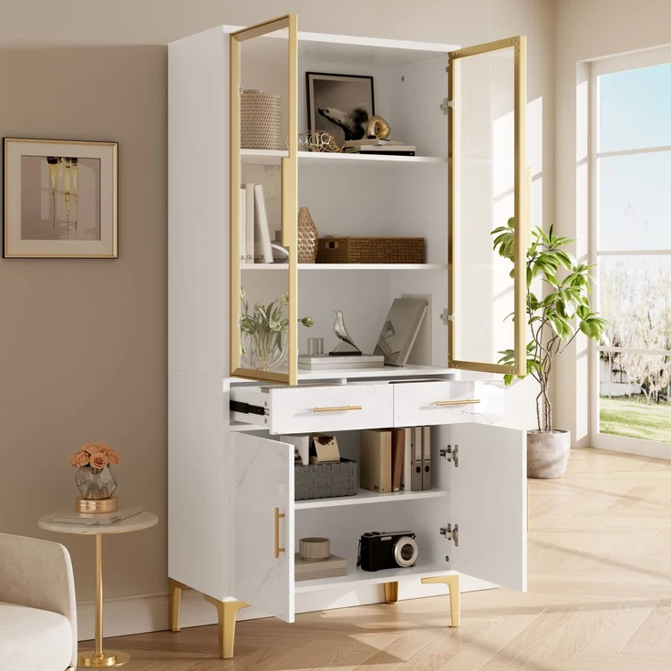 ZUBALIYA Vitrine, mit Schubladen, mit Stauraum, mit LED-Beleuchtung, mit App-Steuerung, H 170 × T 38 × B 75 cm, Weiß, MDF / Spanplatte – Bild 4