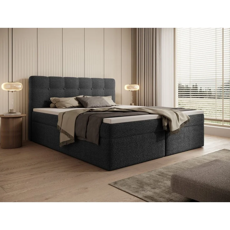 thematys Boxbett Luxus mit Bettkasten 140x200cm, mit Bonnellfederkernmatratze H3, Bouclé/Velours, mit Stauraum, mit 3 cm Topper, Anthrazit (Frotte 6), Art.-Nr. S0WGG0AN03Y – Bild 3