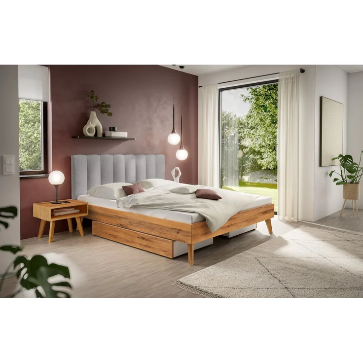 Hasena Massivholzbett Taliana Wildeiche mit Polster-Kopfteil, Bezug Pace Light Grey 200x200 cm, Komforthöhe 25 cm – Bild 2