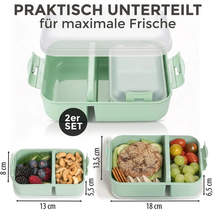 Hausfelder Lunchbox Brotdose 2er Set mit Unterteilung, 1x groß, 1 x klein, Grün (Jadegrün), Kunststoff, (2er Set, 2-tlg), spülmaschinengeeignet, langlebig, bruchfest, BPA-frei – Bild 2