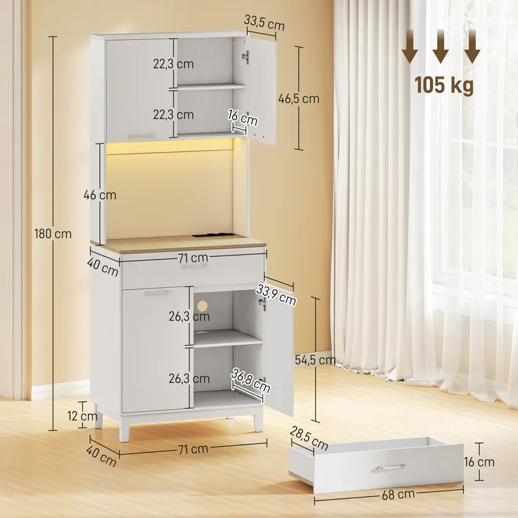 JARDJ Hohes Küchenbuffet mit LED-Beleuchtung und Ladestation, Küchenschrank mit 4 Türen, Schublade und Arbeitsplatte, weiß – Bild 5