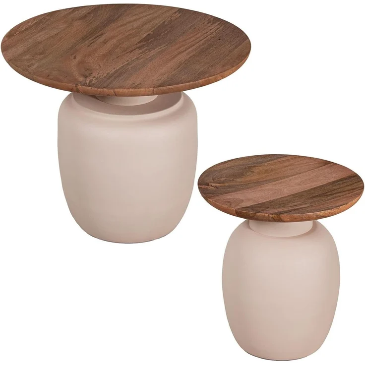 DRW Set mit 2 Beistelltischen aus Holz und Metallsockel in Natur und Beige, 60 x 60 x 47 cm – Bild 1